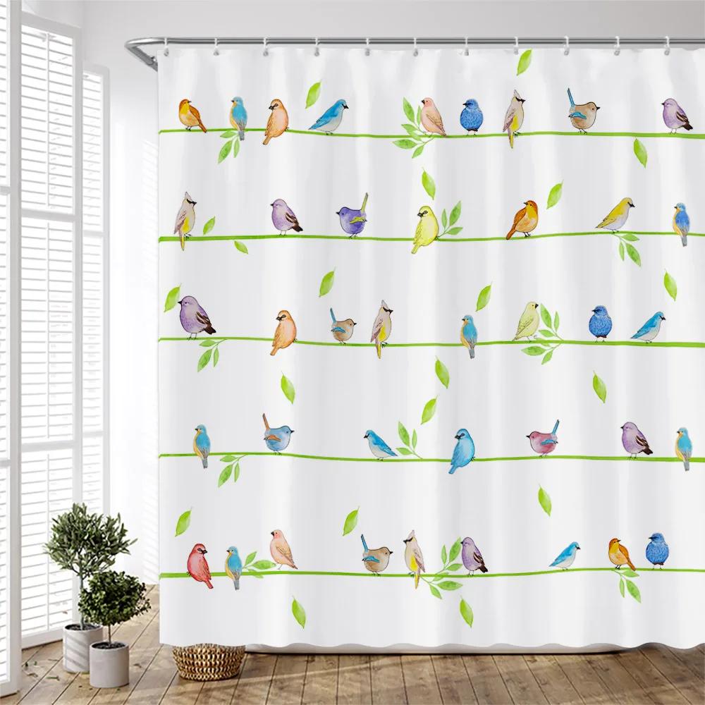 Cartoon Colorful Birds Shower Curtains Creative Design Watercolor Printing Chinese Style Cloth Bathroom Curtain Set Simple Dec