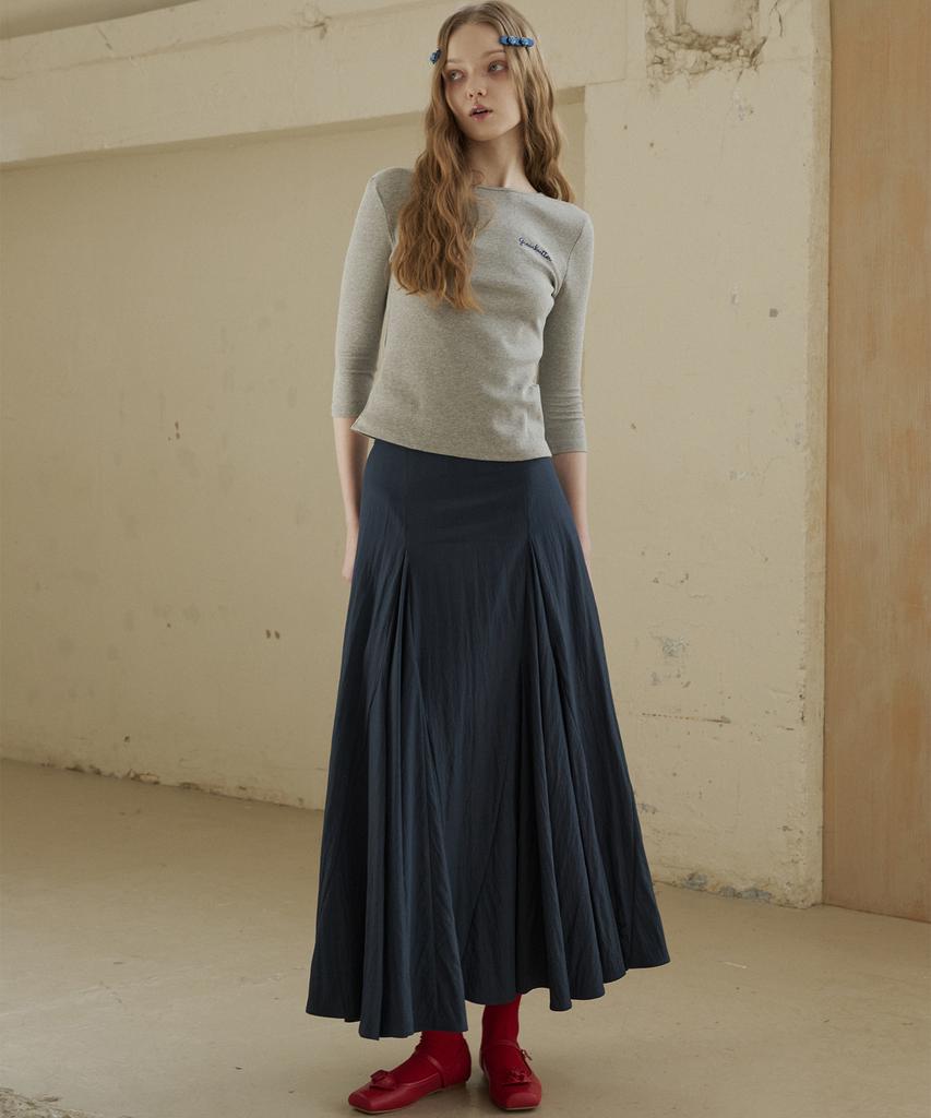 Green Butter Flare Section Long Skirt (Navy)