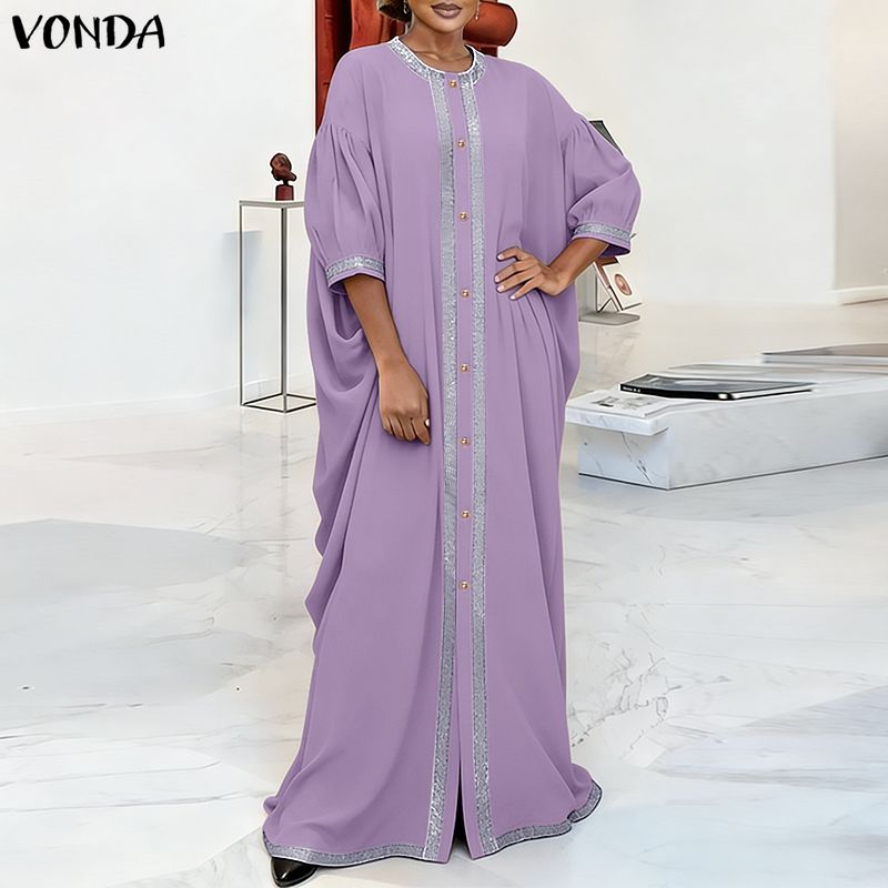 VONDA Summer Women Half Batwing Sleeve Patchwork Hem Casual Loose Long Robe Dress