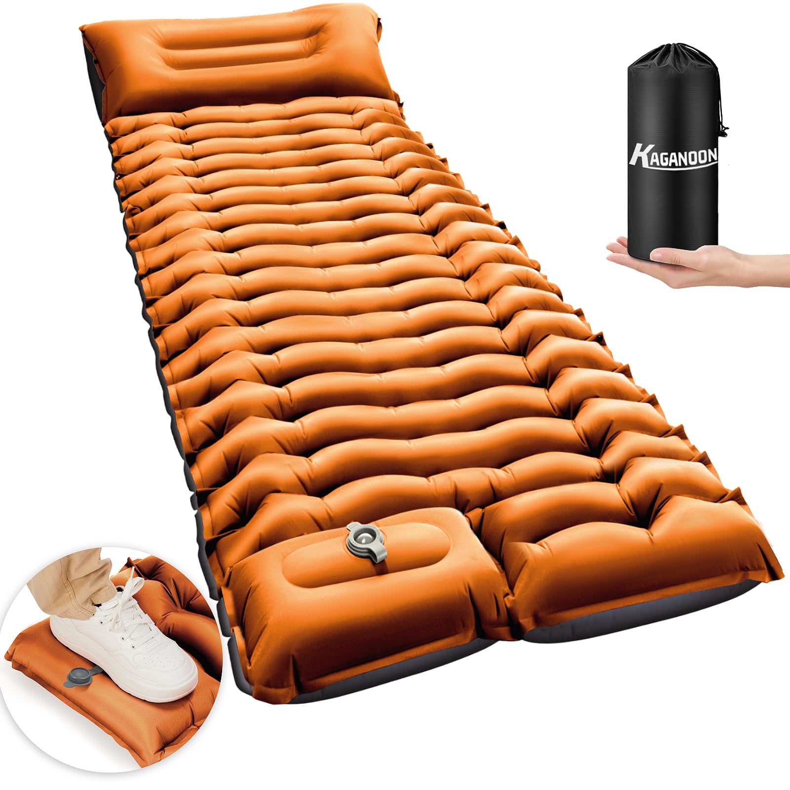 

Ultralight Camping Sleeping Pad with Pillow Built-in Foot Pump Inflatable Sleeping Pads Compact for Backpacking Traveling Tent оранжевый