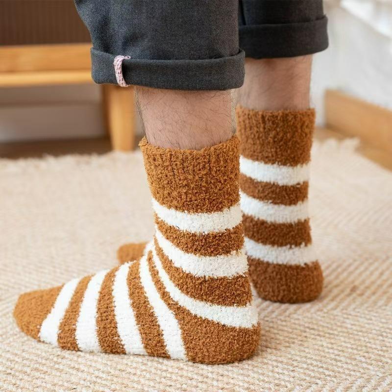 Coral Wool Socks - Men's Striped Half-wool Mid-calf Socks - Non-shedding, Thick and Warm Floor Socks, Home Wear Socks, with Added Wool Padding