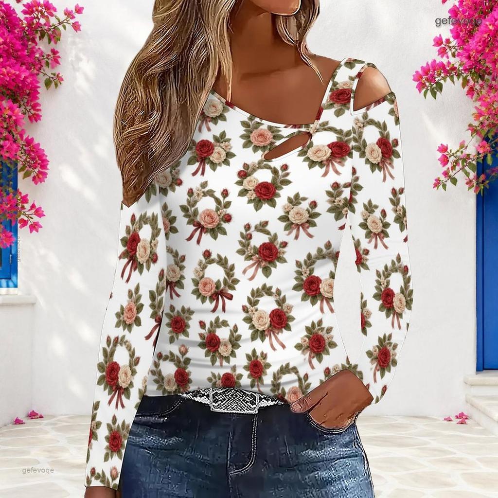Women Plus Size White Floral Printed Asymmetric Cutout Cold Shoulder Long Sleeve Fitted Blouse