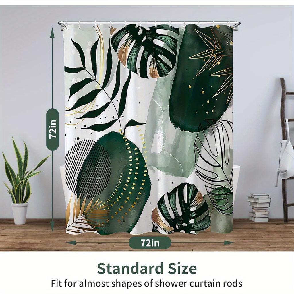Boho Shower Curtain with 12 Hooks, 72''x72'' Polyester Fabric, Quick Dry, Weighted Hem, Abstract Green Plant Shower Curtains for