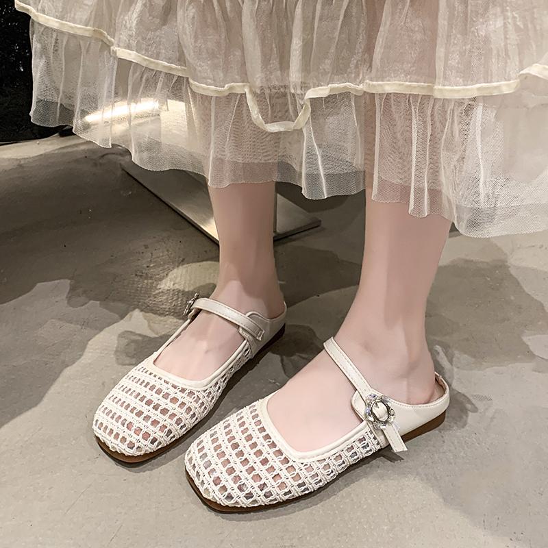 Fashion Mesh Breathable Flat Slippers Women Elegant Weaving Shallow Mary Jane Shoes Comfort Buckle Casual Shoes Zapatos