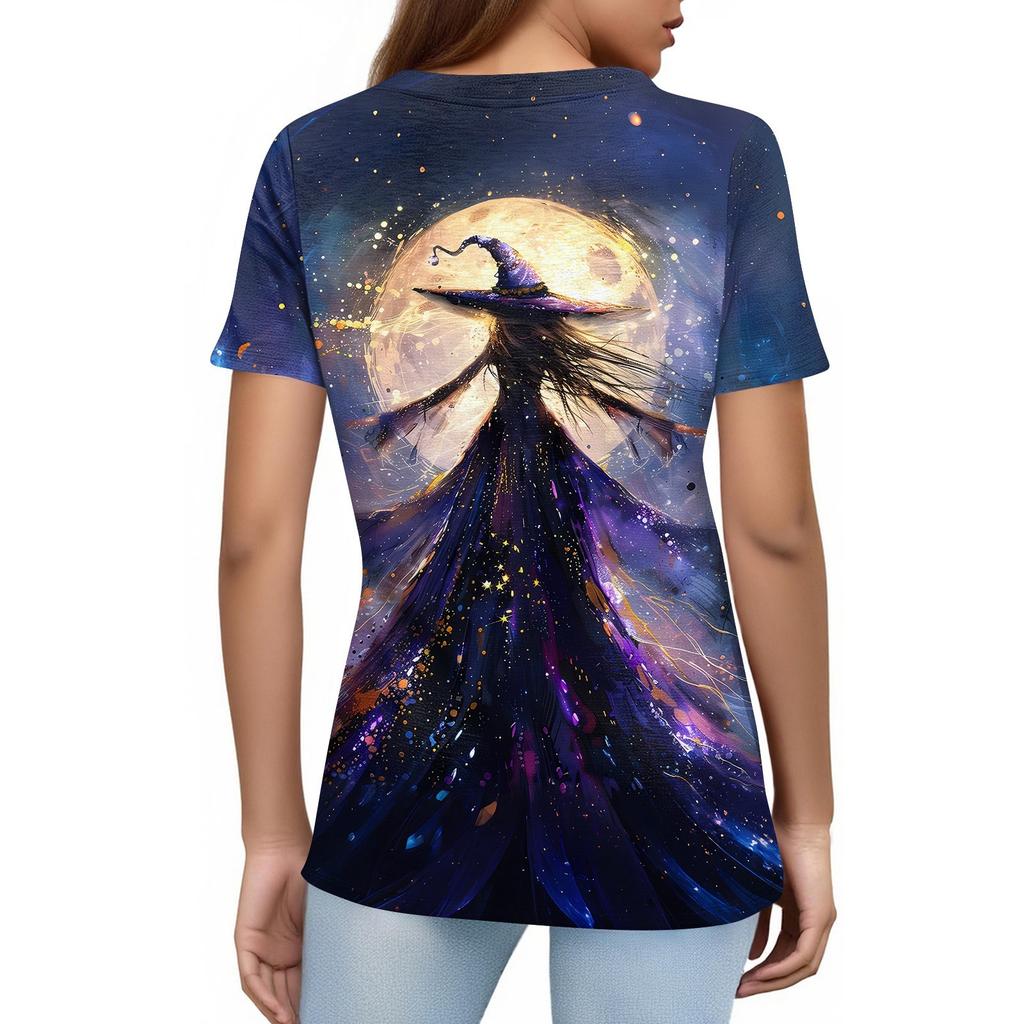 Modisches Lässiges Damen-Pullover-Oberteil mit Kurzarm und Halloween-Print, Rundhals