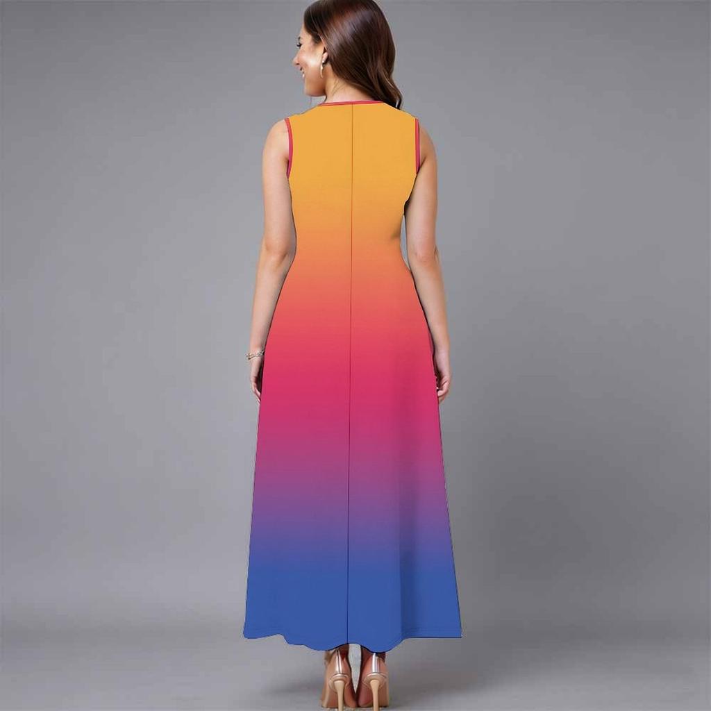 Übergroßes ärmelloses Damenkleid mit Rundhalsausschnitt Lebendiges verstreutes Blumenmuster Lockeres Outfit bis zur Wade