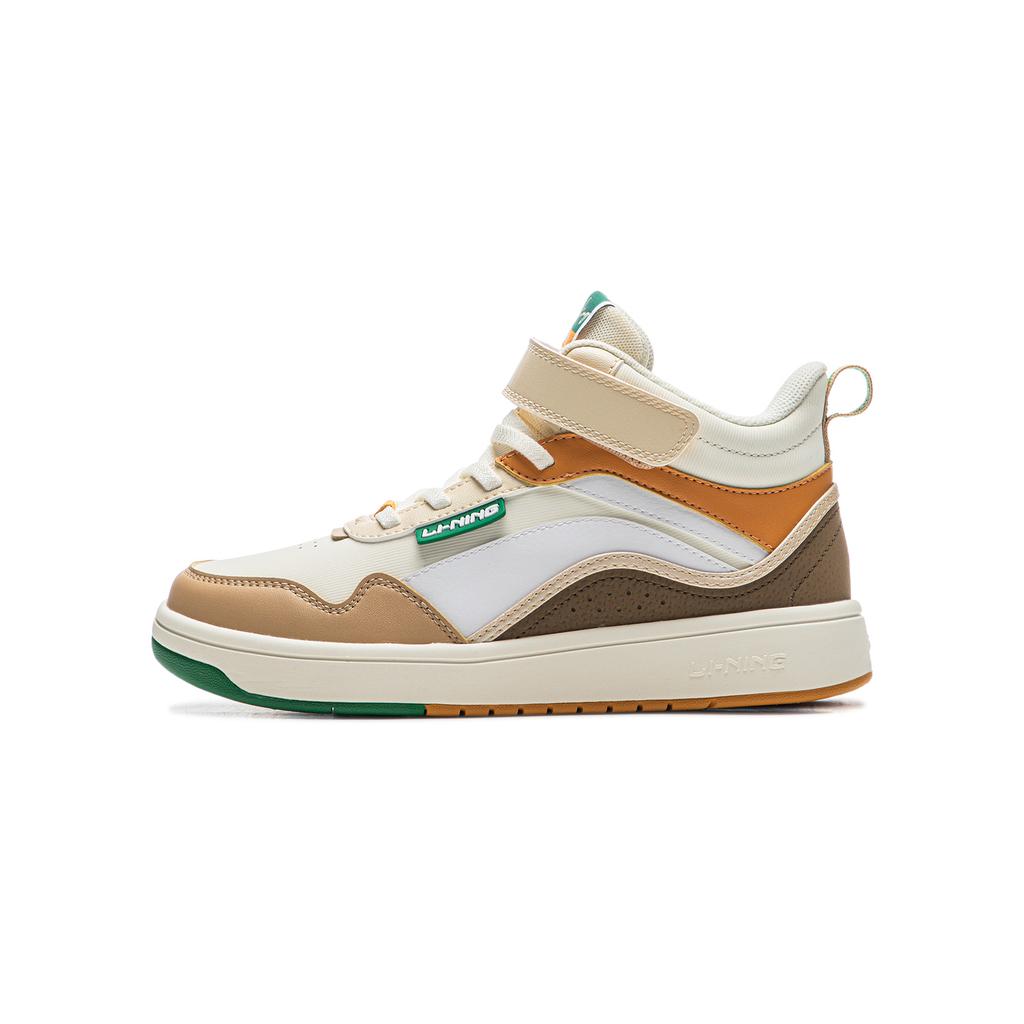 Li Ning Kids Sports Lifestyle Series Synthetic Leather Fashion Casual Wear Resistant Mid-Top Kids Sneakers Kids Sneakers Off-White Brown YKCU216-3