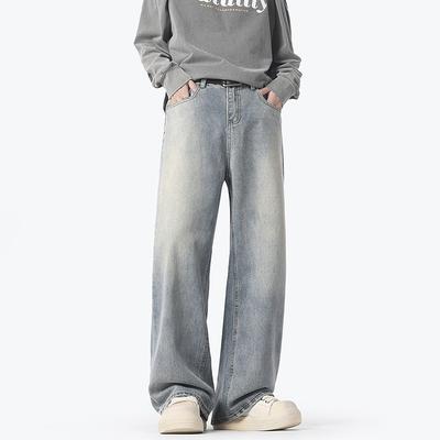 American Style Grinding White Gradient Washing Jeans Men's Wind High Street Loose Straight Wide-leg Pants