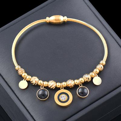 Pulseira de pingente redondo de pedra preta de aço titânio titânio