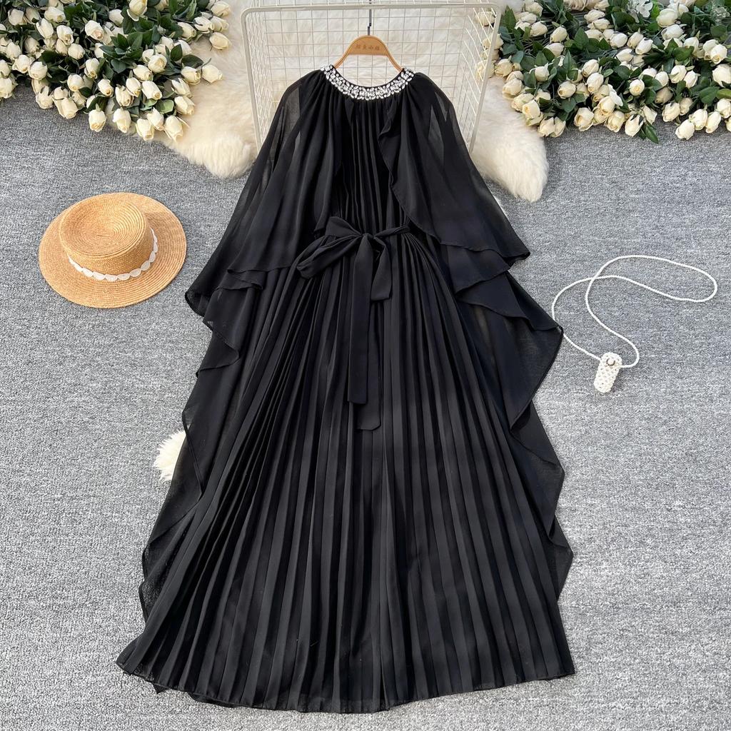 Elegante vestido largo plisado de gasa con cuello redondo, cordones y mangas estilo capa vintage para mujer, ropa de calle de moda