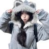 Womens Faux Suede Hooded Puffer Coat With Fur Trim Short Thick Winter Jacket Casual Streetwear