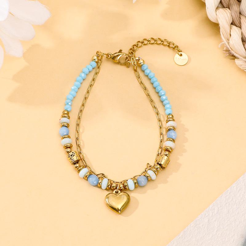 Bohemian Double-Layer Women's Bracelet with Natural Stone, Crystal & Stainless Steel Beads - Peach Heart Design