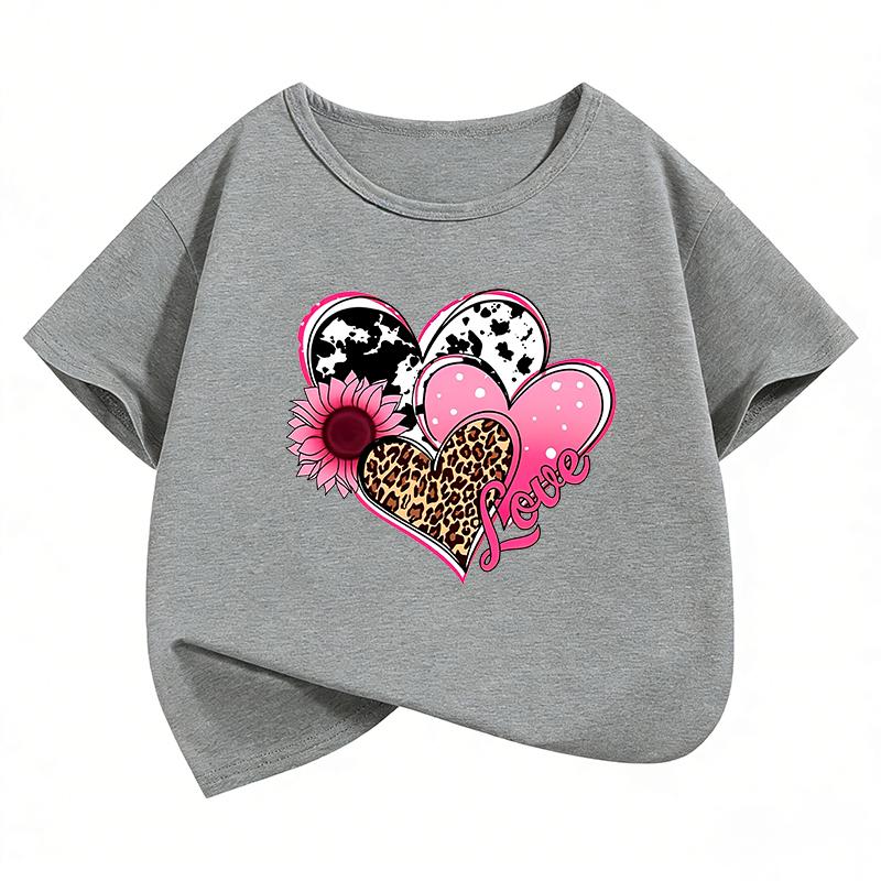 Leopard Love Heart Print TShirt Fashion T Shirt Girls Summer Casual Short Sleeve Tops TShirts Cute Girls Clothing