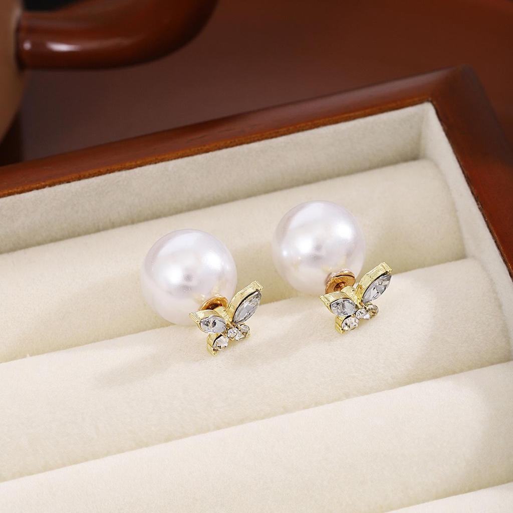 Silver Needle Korean Style Diamond Butterfly Detachable Pearl Earrings for Women
