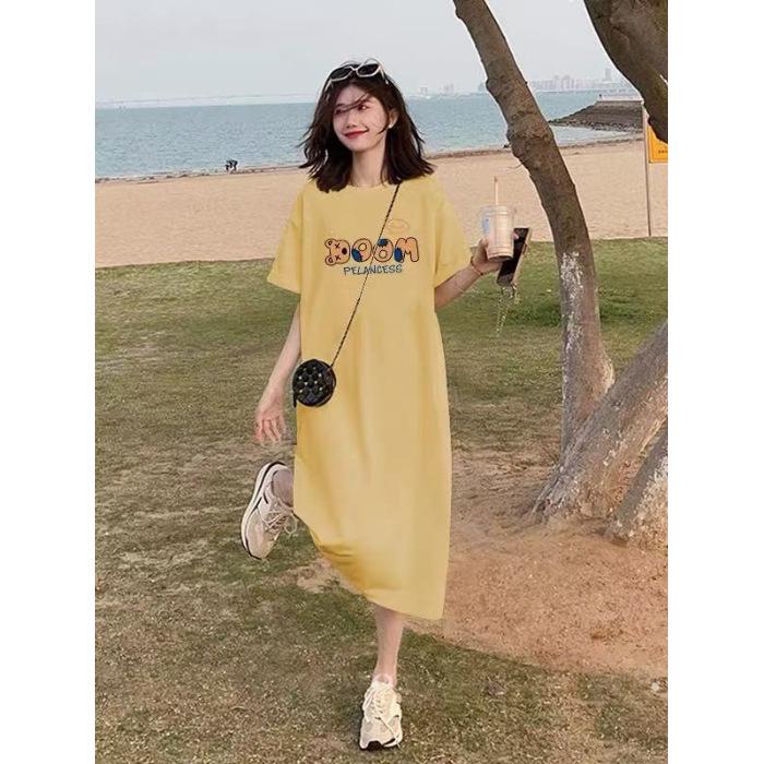 

A New Spring Style Korean-style Letter Print T-shirt Dress for Women, Featuring A Laid-back and Loose Mid-length Split Skirt 4XL хаки