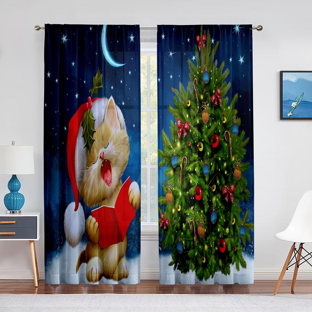 Christmas Scenery Santa Delivering Presents Sheer Voile Curtain Elk Window Tulle Curtains for Living Room Kitchen Bedroom Decor
