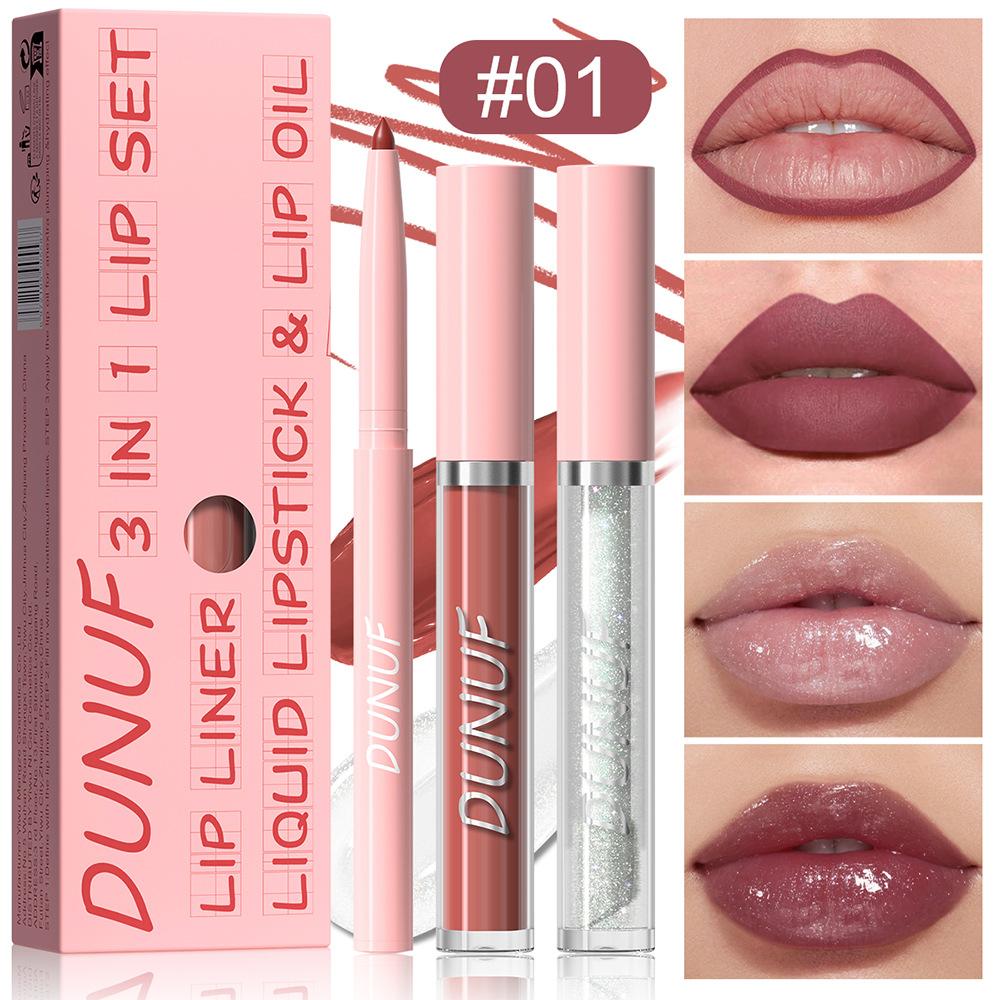 3Pc Velvet Matte Lipstick Pen Nude Brown Lip Liner Pencil Kit Rose Red Matte Lipliner+Lip Gloss+Lip Oil Set Waterproof Lips Tint