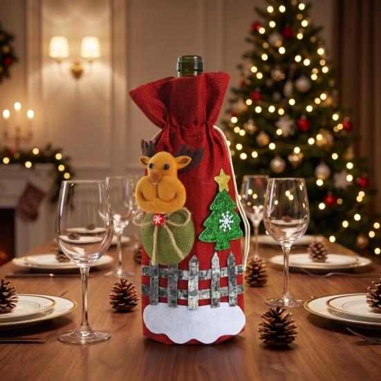 Dining Table Ornament Sets Christmas Wine Bottle Cover, Santa Claus/Snowman/Elk/Bear Gift Bag with Sticker Decals, Holiday Winter Home Accents