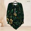 Women Plus Size Round Neck Long Sleeve T Shirt Dark Green Gold Floral Printed Asymmetric Hem Button Detail