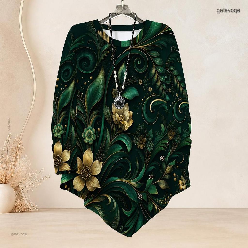 Women Plus Size Round Neck Long Sleeve T Shirt Dark Green Gold Floral Printed Asymmetric Hem Button Detail