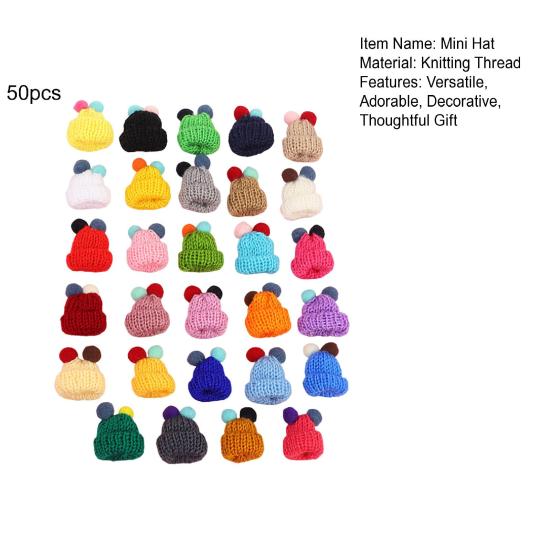 50Pcs Mini Knit Christmas Hats Colorful DIY Crocheted Small Hat with Pom-Pom Crafts Tree Ornaments Doll Accessories And Holiday Decor