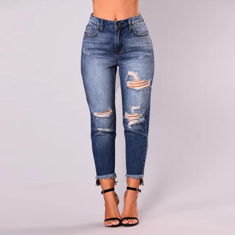 2024 Women's Cropped Jeans with Fashionable Holes and Irregular Pants