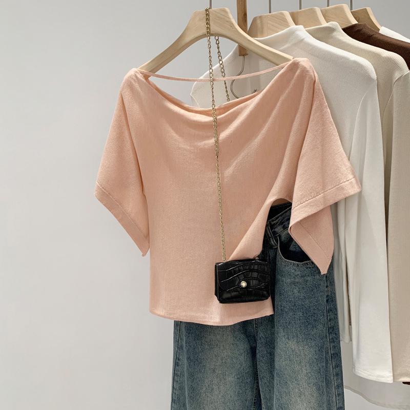 Korean-Style One-Shoulder Batwing Sleeve Summer Top for Women - 2026 Collection S розовый