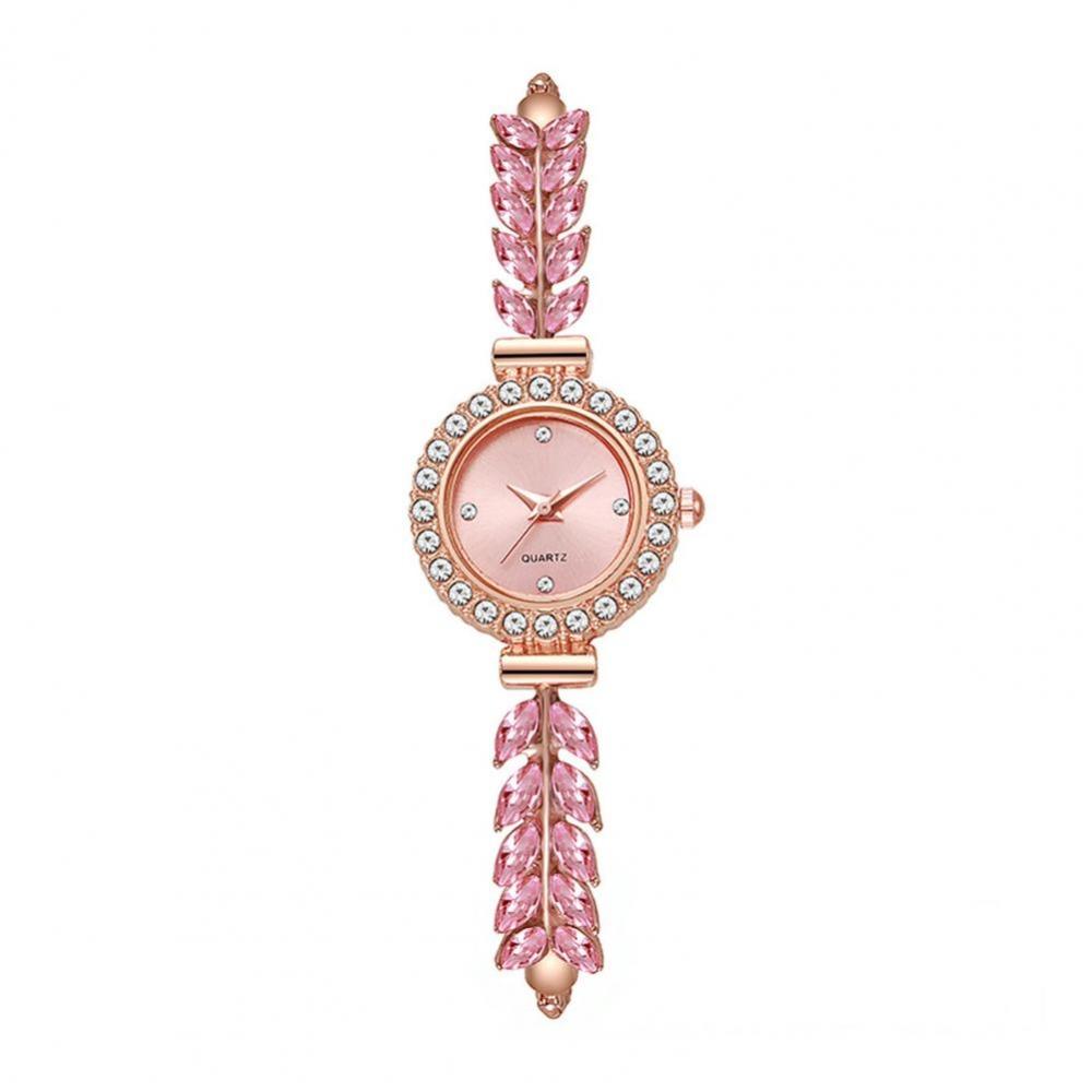 Slim Strap Women Quartz Watch Leaf Design Rhinestone Watch Ladies Quartz Watch Accessories розовый