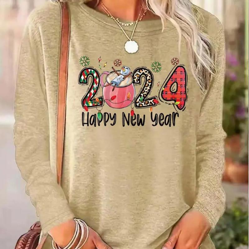 Tops For Women New Year's Snowman Print Round Neck Long Sleeve T-shirt Fall Casual Slim Pullover Women's Long Sleeve Top