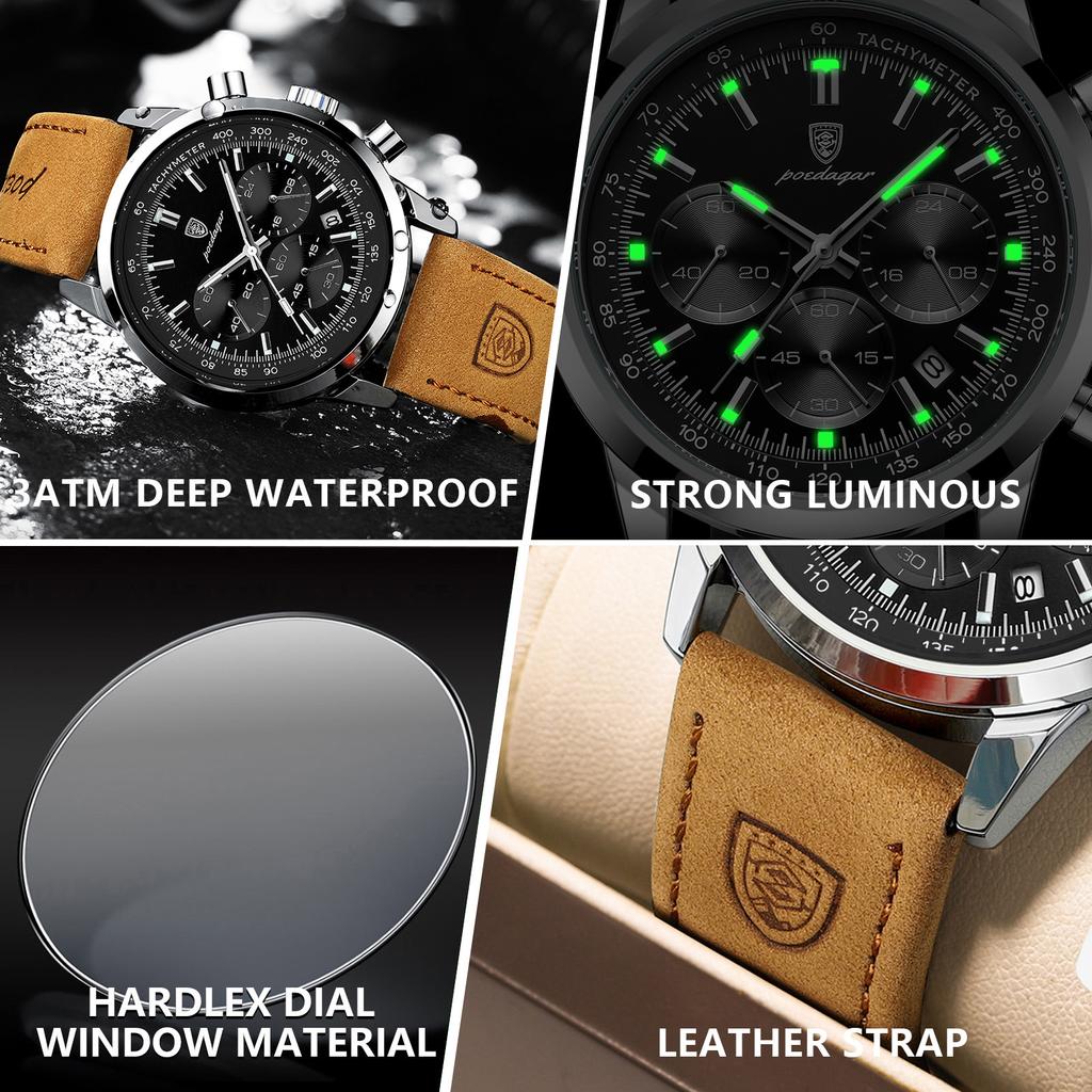 POEDAGAR Luxury Fashion Men's Wristwatch Luminous Waterproof Chronograph Men Clock Leather Military Quartz Watches For Man Reloj