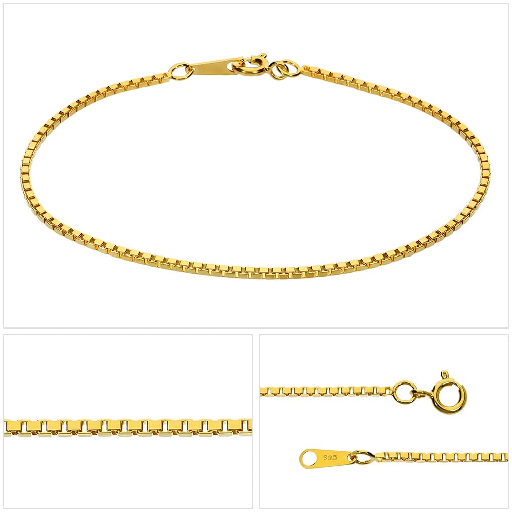 [Shinjuku Gin No Kura] Gold Venetian Chain Bracelet, 1.4mm Wide, 17cm, Silver 925, 24K Gold, Coated, Box Chain, Square