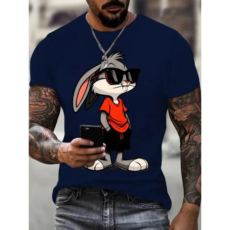Neues Brillen tragendes Cartoon-Kaninchen Herren-T-Shirt Mode Tier- und Cartoon-Print-Design Rundhals Lässig Sport Herrenbekleidung