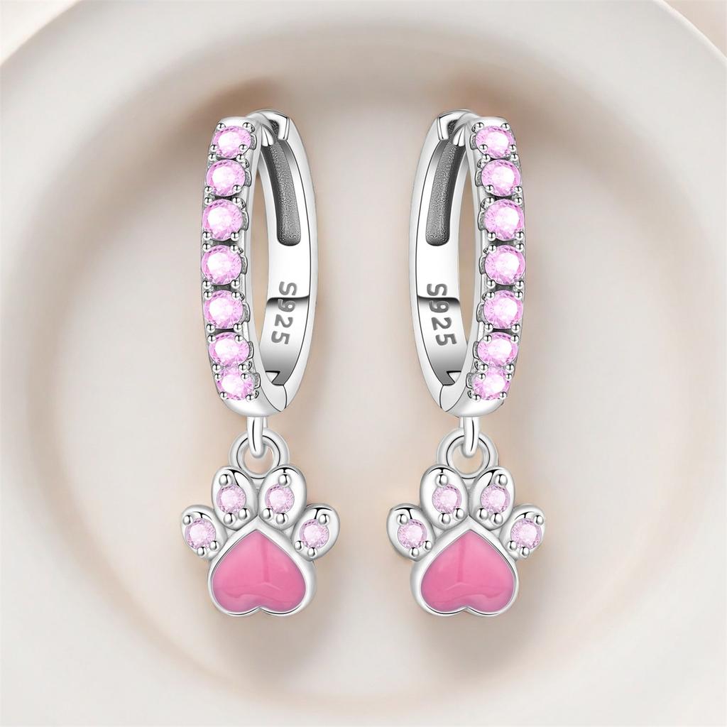 Original 925 Silver Zircon Pink Paw Print Earrings Heart Flower Leaf Design Women Party Jewelry Gift Ear Loops