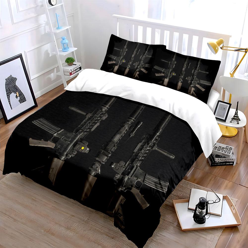 3Pcs Modern Rifle On Black Background Print Soft Comfortable Duvet Cover Bedding Set Included 1*Duvet Cover  2*Pillowcases