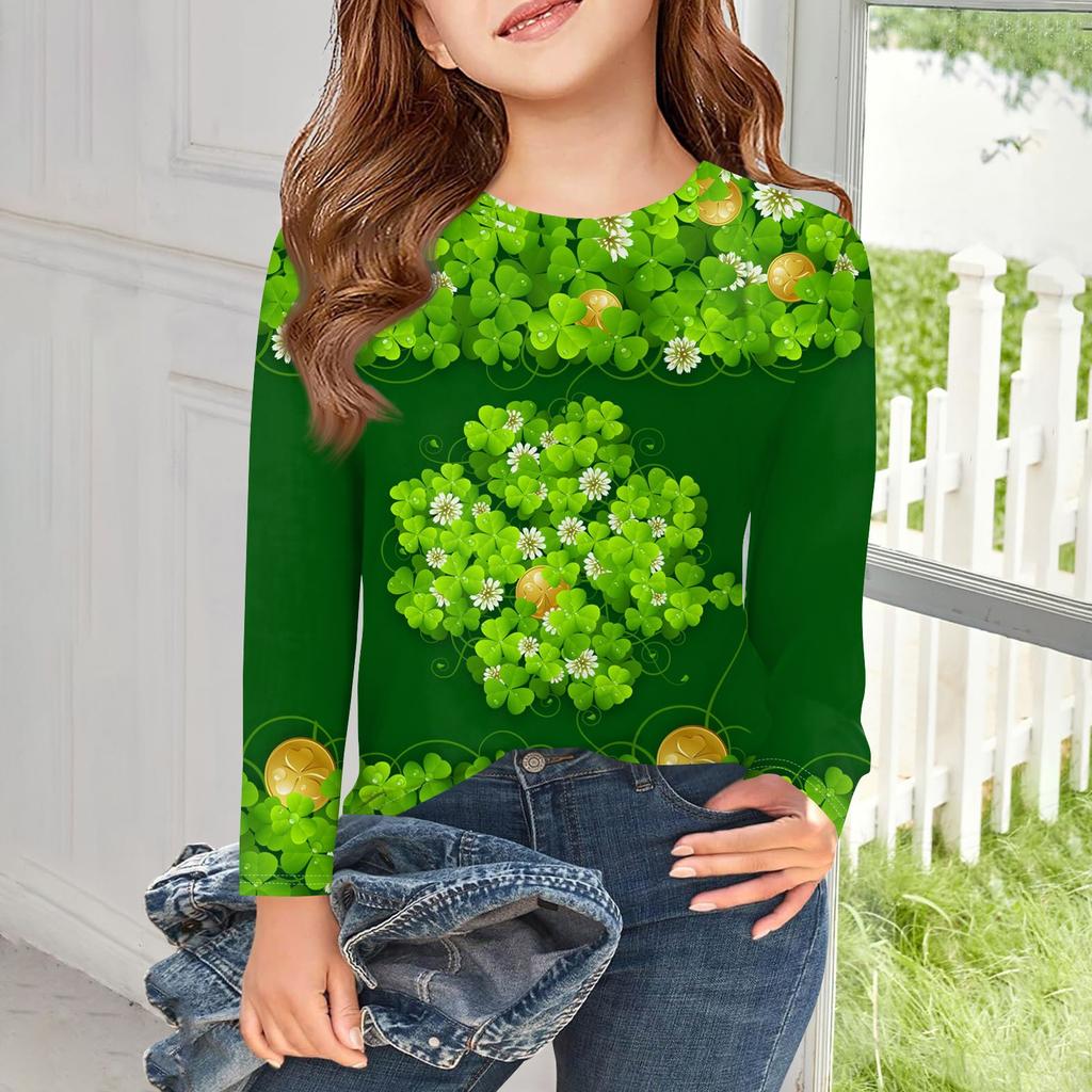 Dívčí trička s dlouhým rukávem Dětské podzimní topy Kulatý výstřih Vzorovaný potisk Základní trička 5-14L