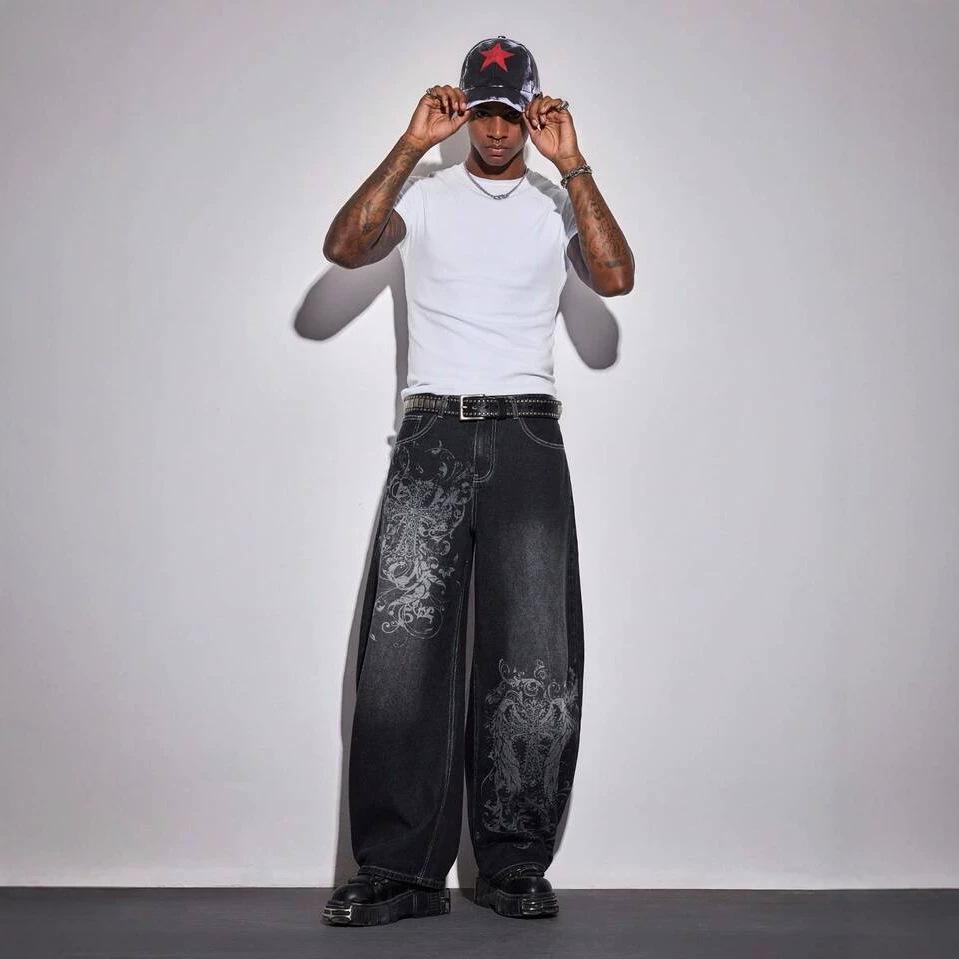 Pantaloni larghi in denim americani nuovi con stampa estiva moda drappeggio jeans a zampa