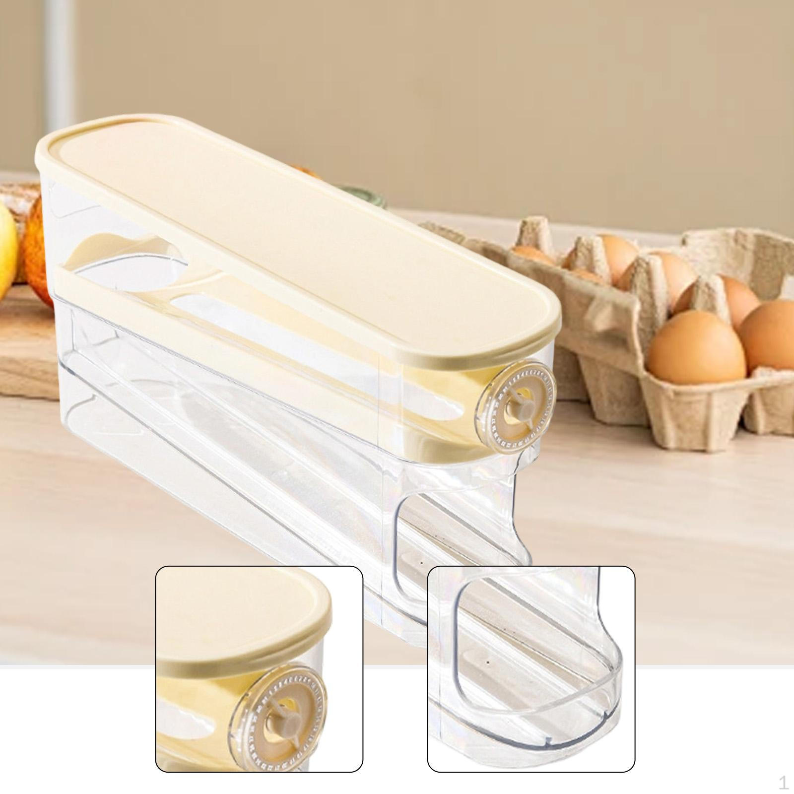 Automatic Rolling Egg Holder Dispenser Double Layer Reusable Organizer with Lid for cream yellow
