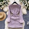 Autumn Winter Small Fragrant Long Sleeve Feathers Splice Plaid Tweed Dresses Women V Neck Zipper Woolen Pocket Party Mini Dresses