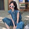 Women's French Design Denim Sleeveless Top & Wide-Leg Pants Summer Set