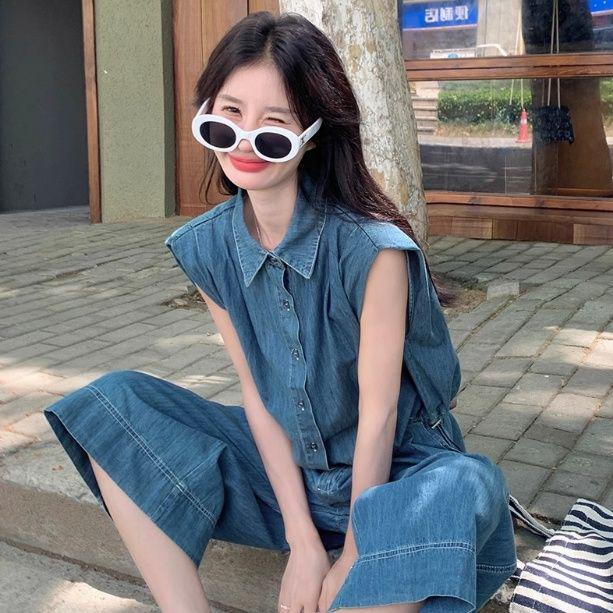 Women's French Design Denim Sleeveless Top & Wide-Leg Pants Summer Set