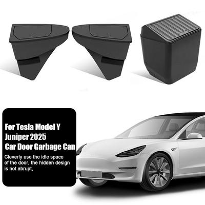2PCS Car Front Door Trash Can for Tesla Model Y Juniper 2025 Accessories Side Door Storage Box Organizer Push-to-Open Lid Design