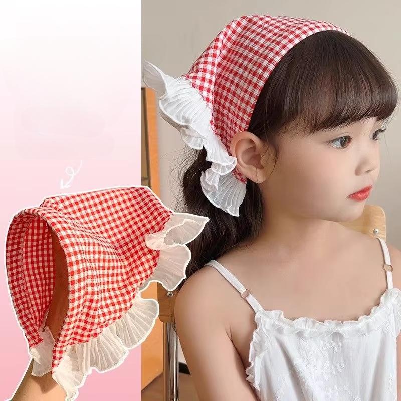 סרטי ראש מתוקים וצבעוניים עם תחרה ודוגמת משבצות לבנות, קליפסים לבובות, בנדנות משולשות, אביזרים לילדות, כיסויי ראש לילדים