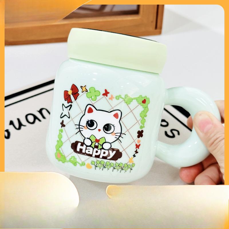 Cartoon Ceramic Cup Cute Mirror Mark with Lid Water Cup Small Gift Box Student Couple Cup Large Capacity High Temperature Resistance