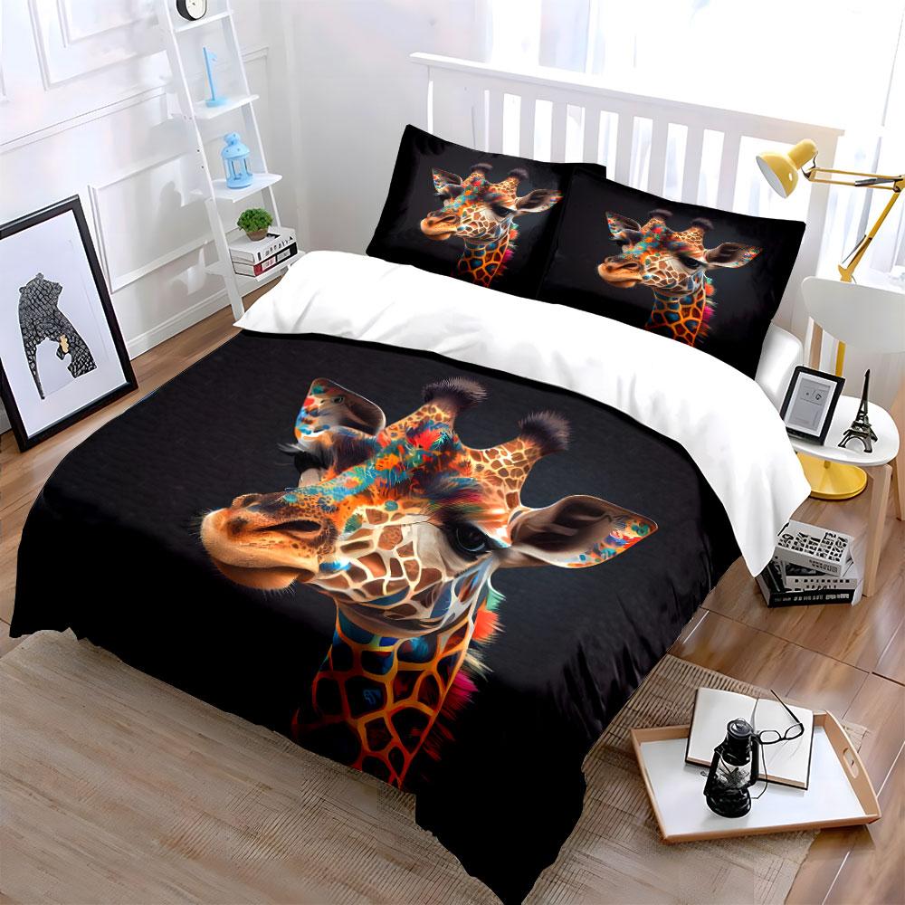 Colorful Giraffe Close-Up Duvet Cover Set With 3D Printing Design Soft Polyester Bedding Set All-Season Comfort Luxury Gifts