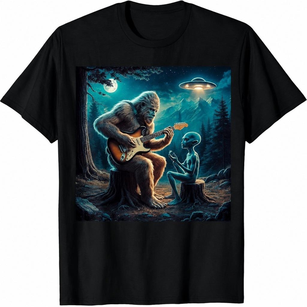 Bigfoot Playing Guitar Shirt Alien UFO Sasquatch Music Retro Graphic Tee Gift