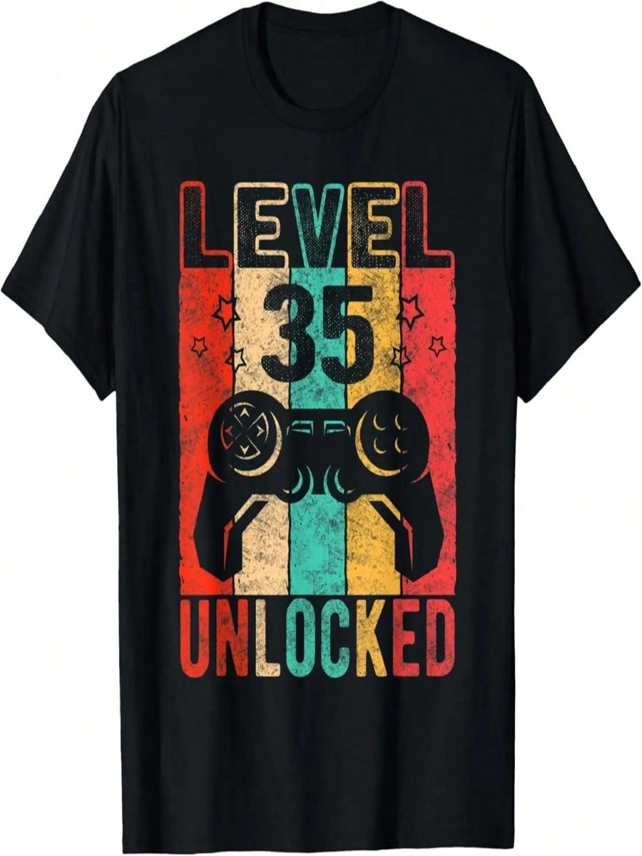 Fun 35th Birthday Level 35 Unlocked, Retro Graphic Birthday T-Shirt S разноцветный