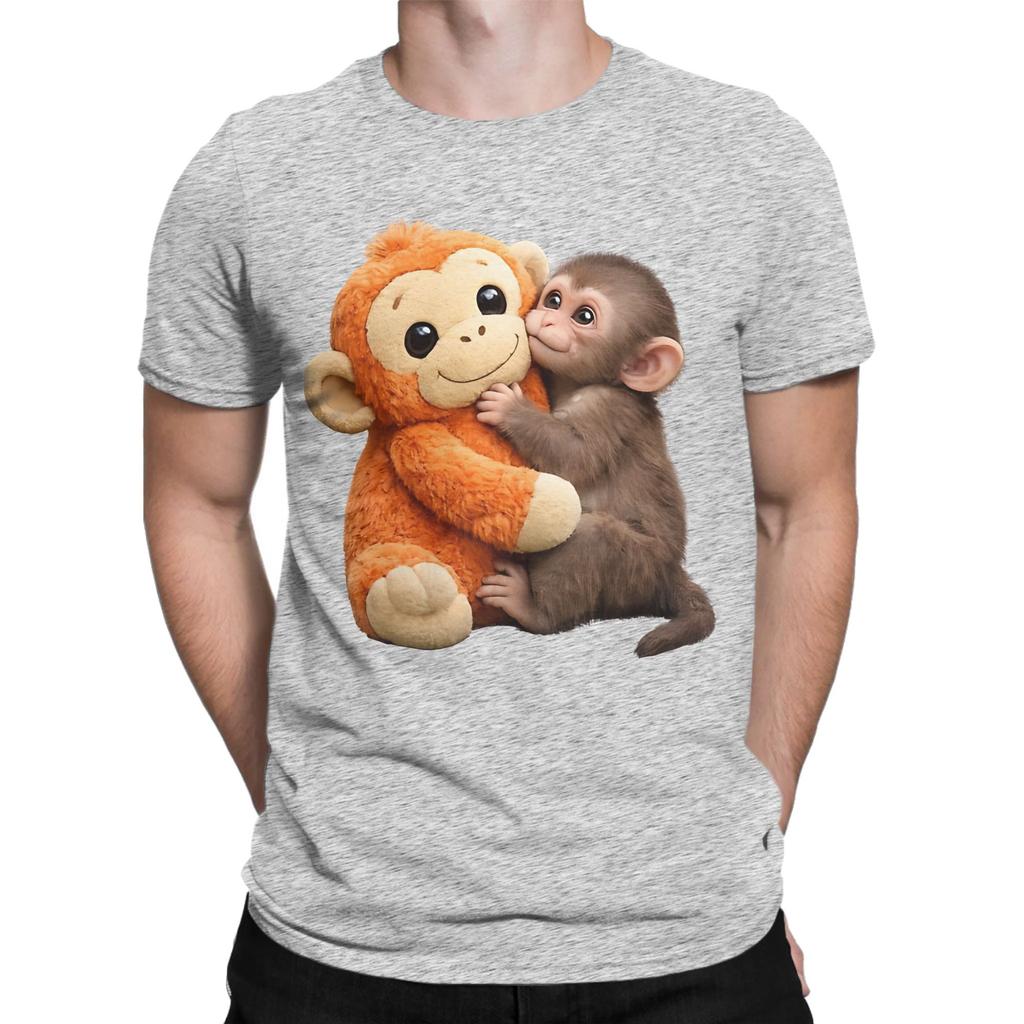 Classic Novelty 100 Cotton Tshirt Cute Monkey Hugging Plush Tops Tees For Unisex