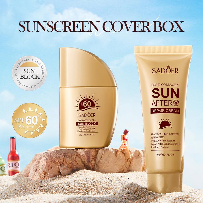 Gold Collagen Sun Protection Set – SPF60 Sun Block + Soothing After-Sun Repair Cream 2pc set
