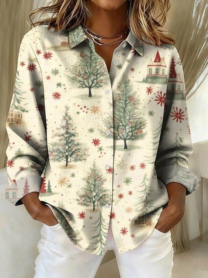 Christmas printed long-sleeved shirt blouse spring new casual loose plus size lapel shirt WG18