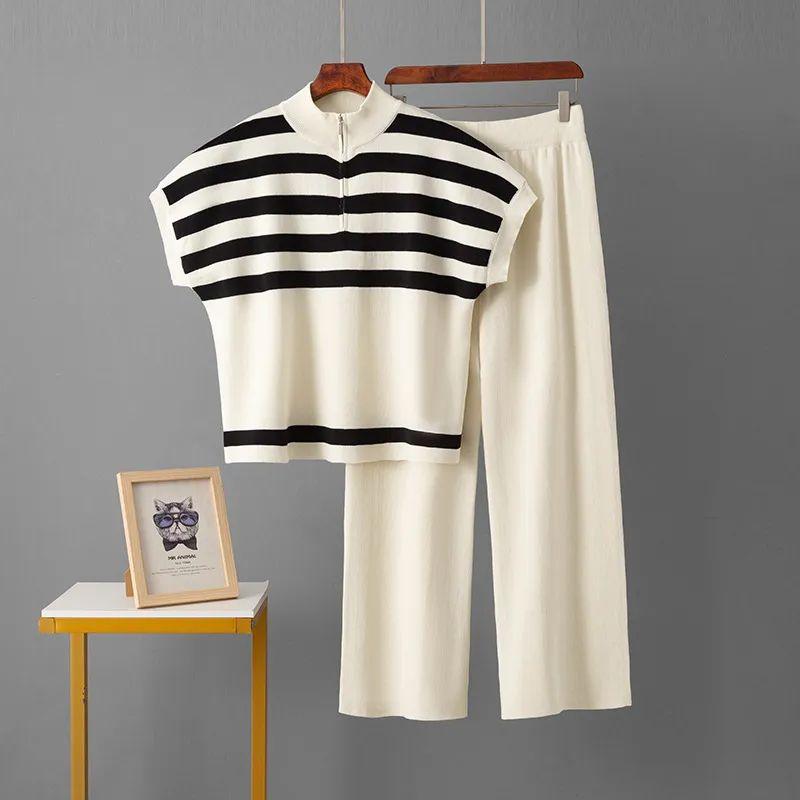 Cross-Border Foreign Trade Minimalist Fashion Suit Stripes Zipper Knitting Tops + Fashion Slim-Fit Wide-Legged Pants Two-piece Set Women